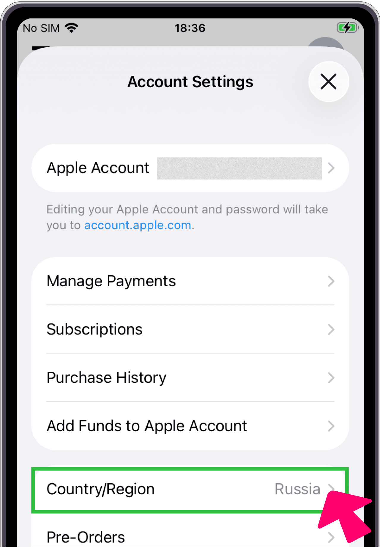 Account settings — Country/Region
